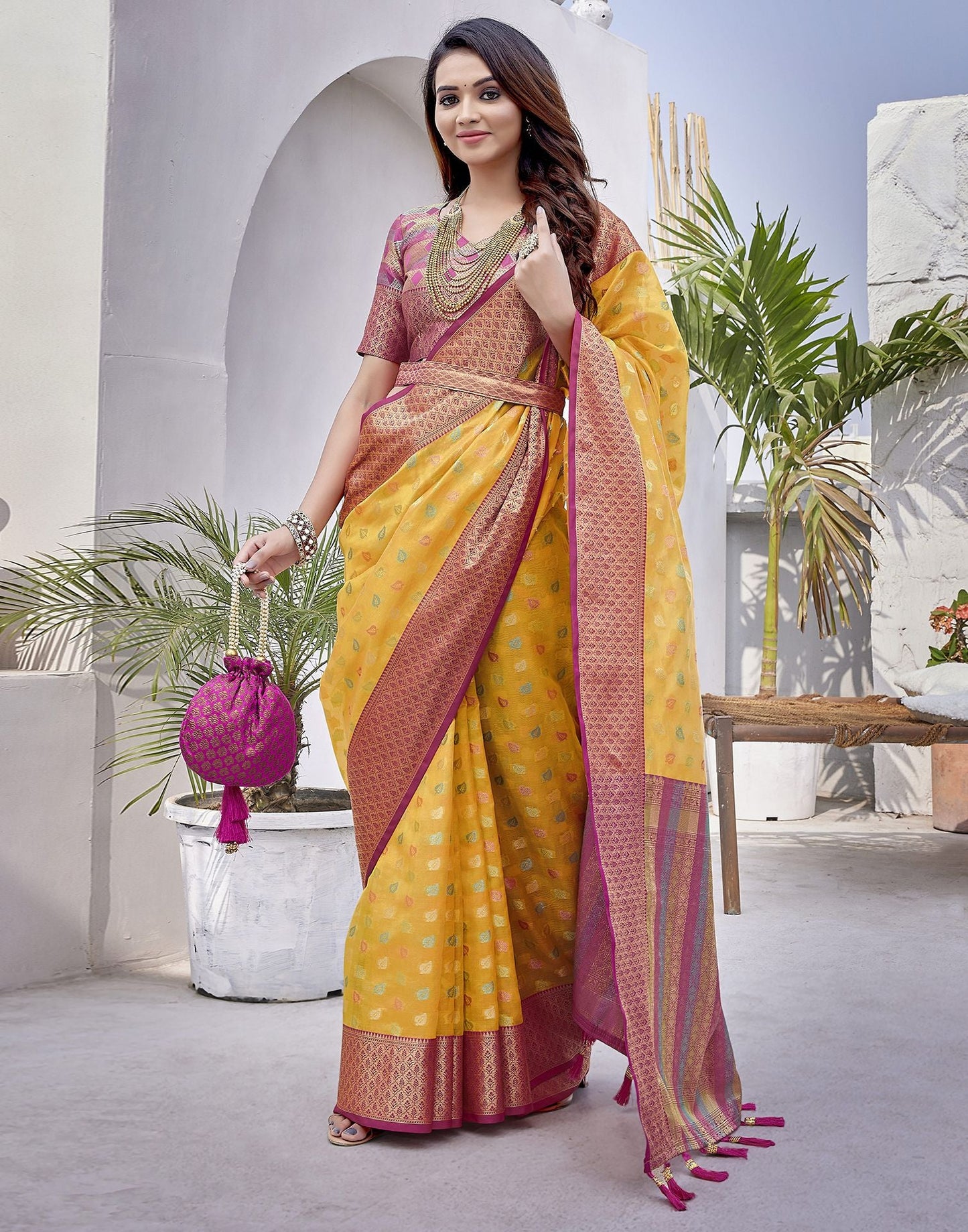 Yellow & Pink Jacquard Organza Saree