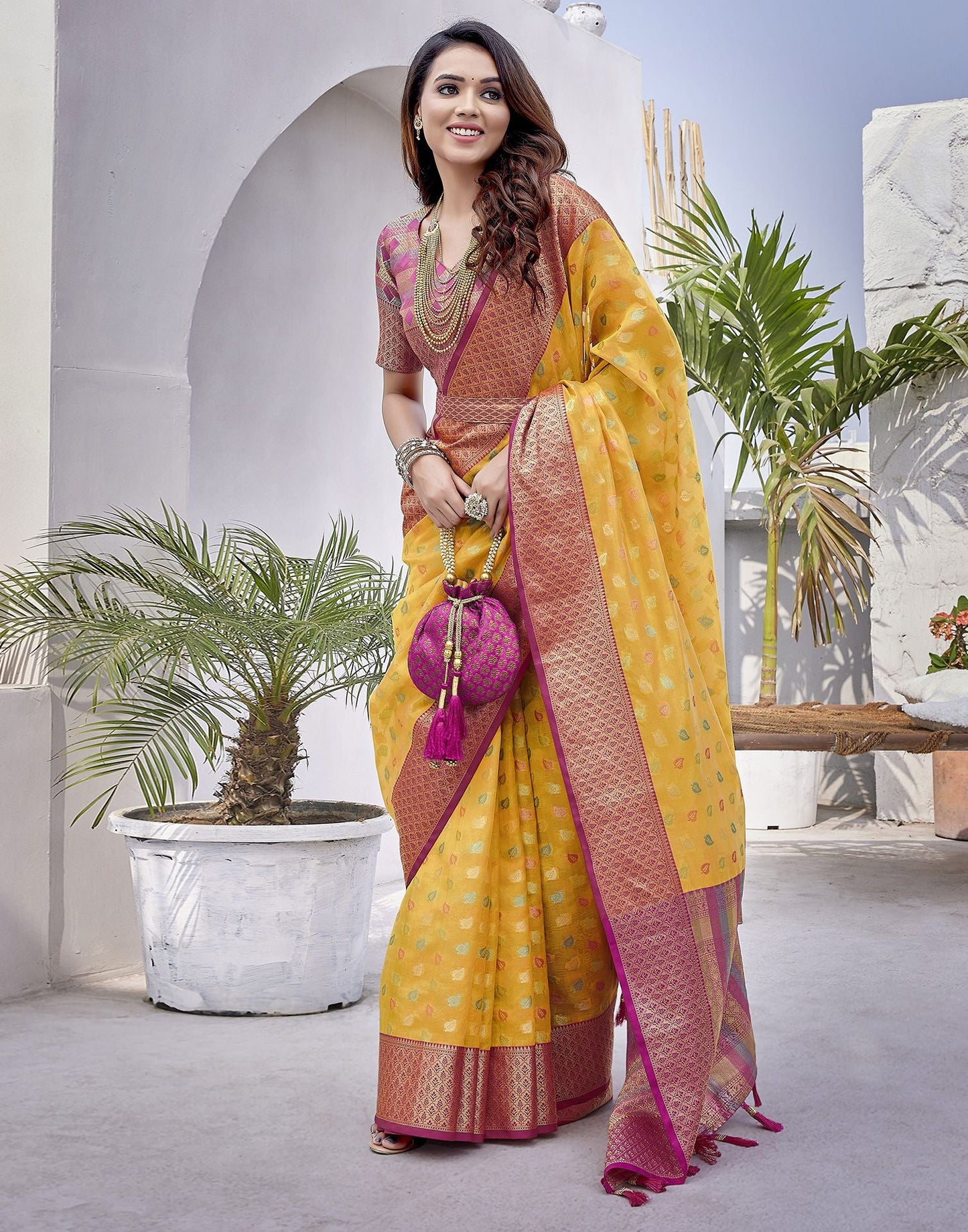 Yellow & Pink Jacquard Organza Saree