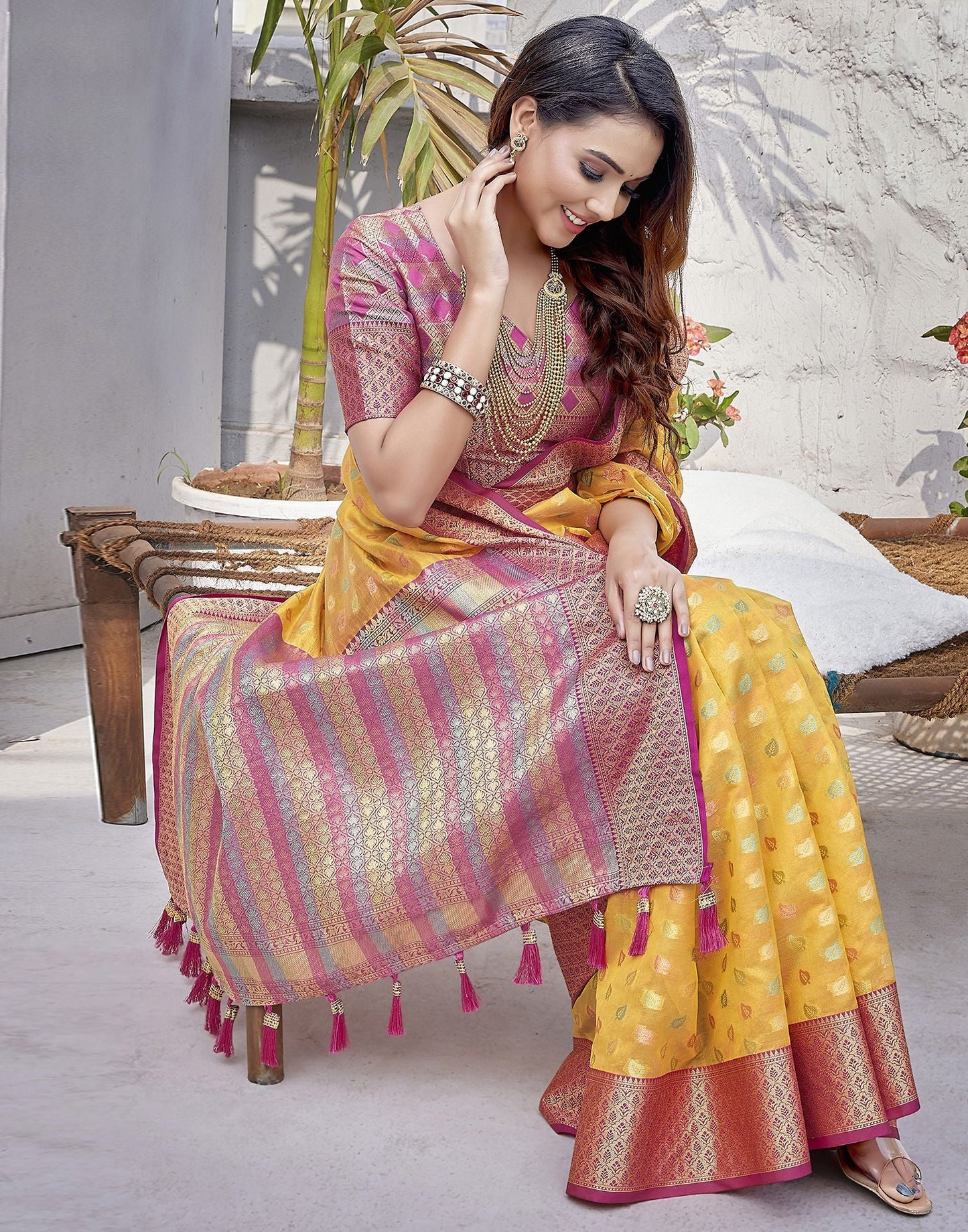 Yellow & Pink Jacquard Organza Saree
