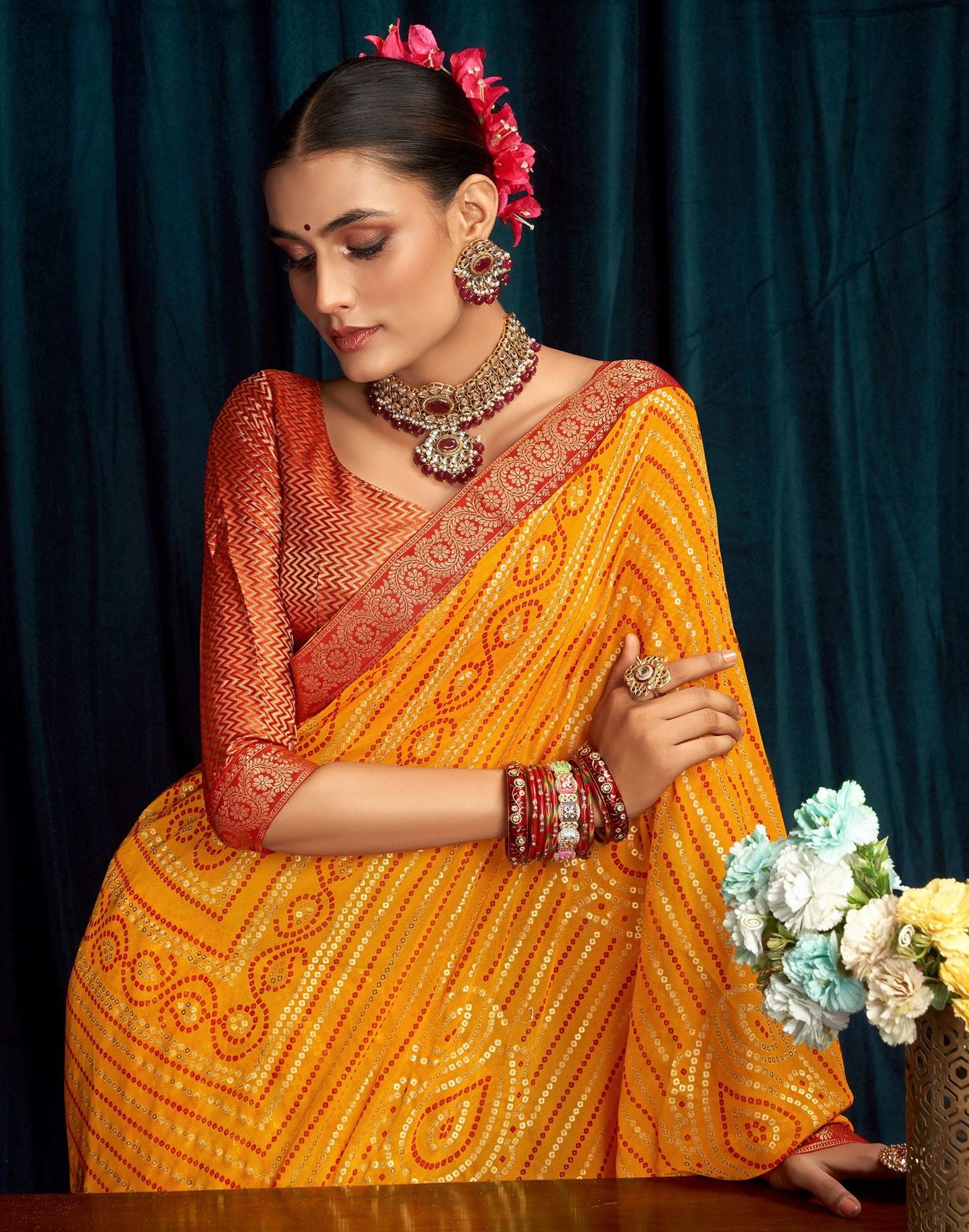 Yellow Jacquard Gergette Saree