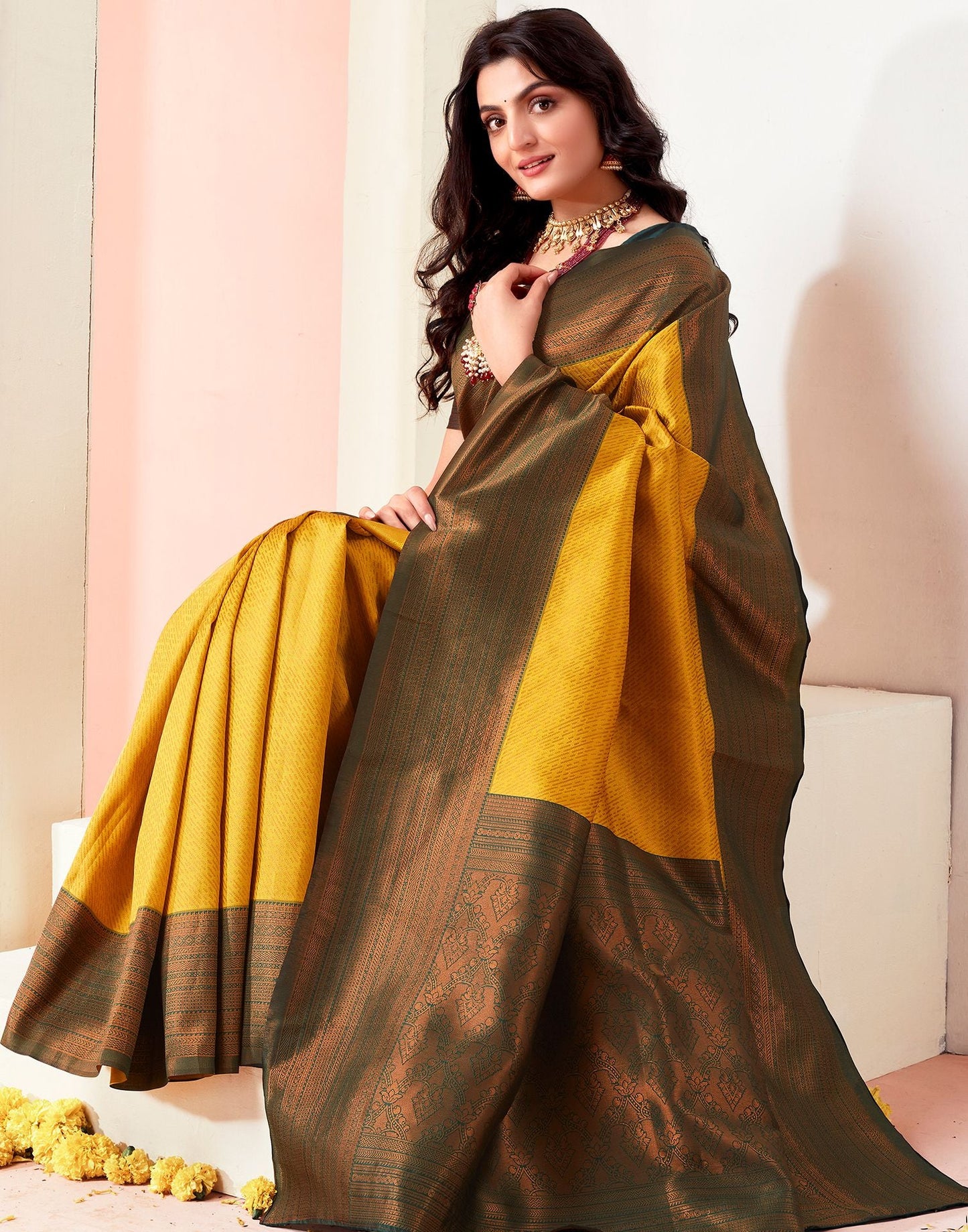 Yellow Jacquard Silk Saree