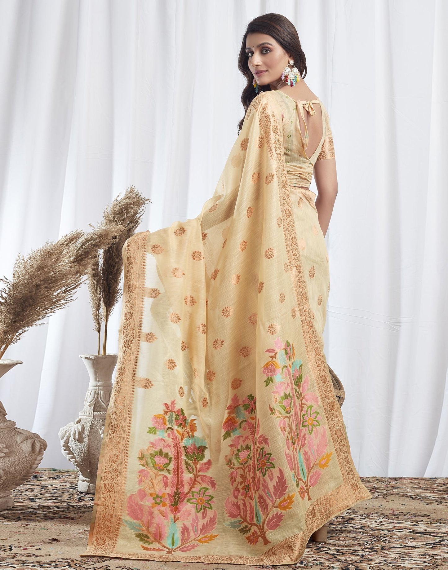 Beige Jacquard Linen Saree
