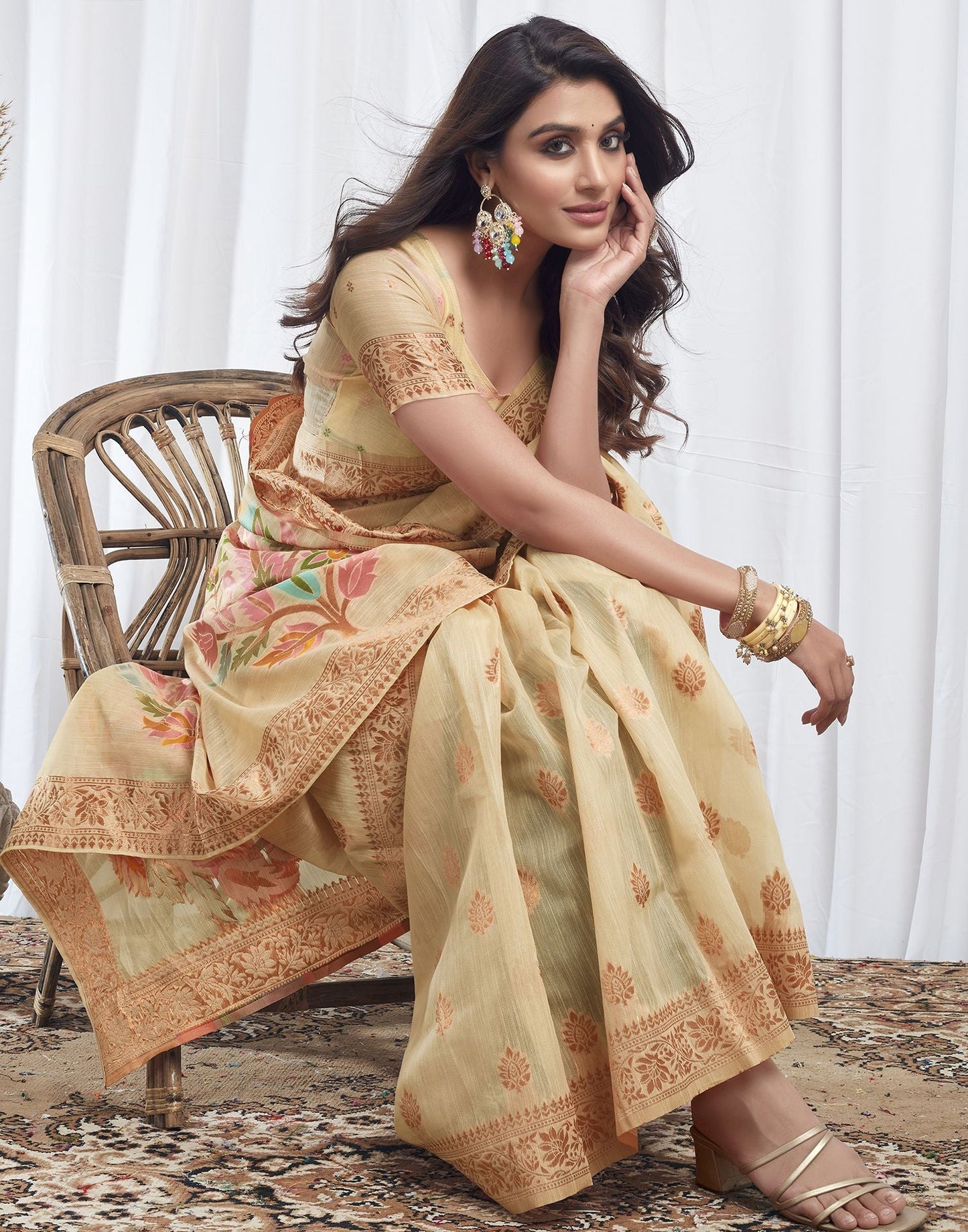 Beige Jacquard Linen Saree