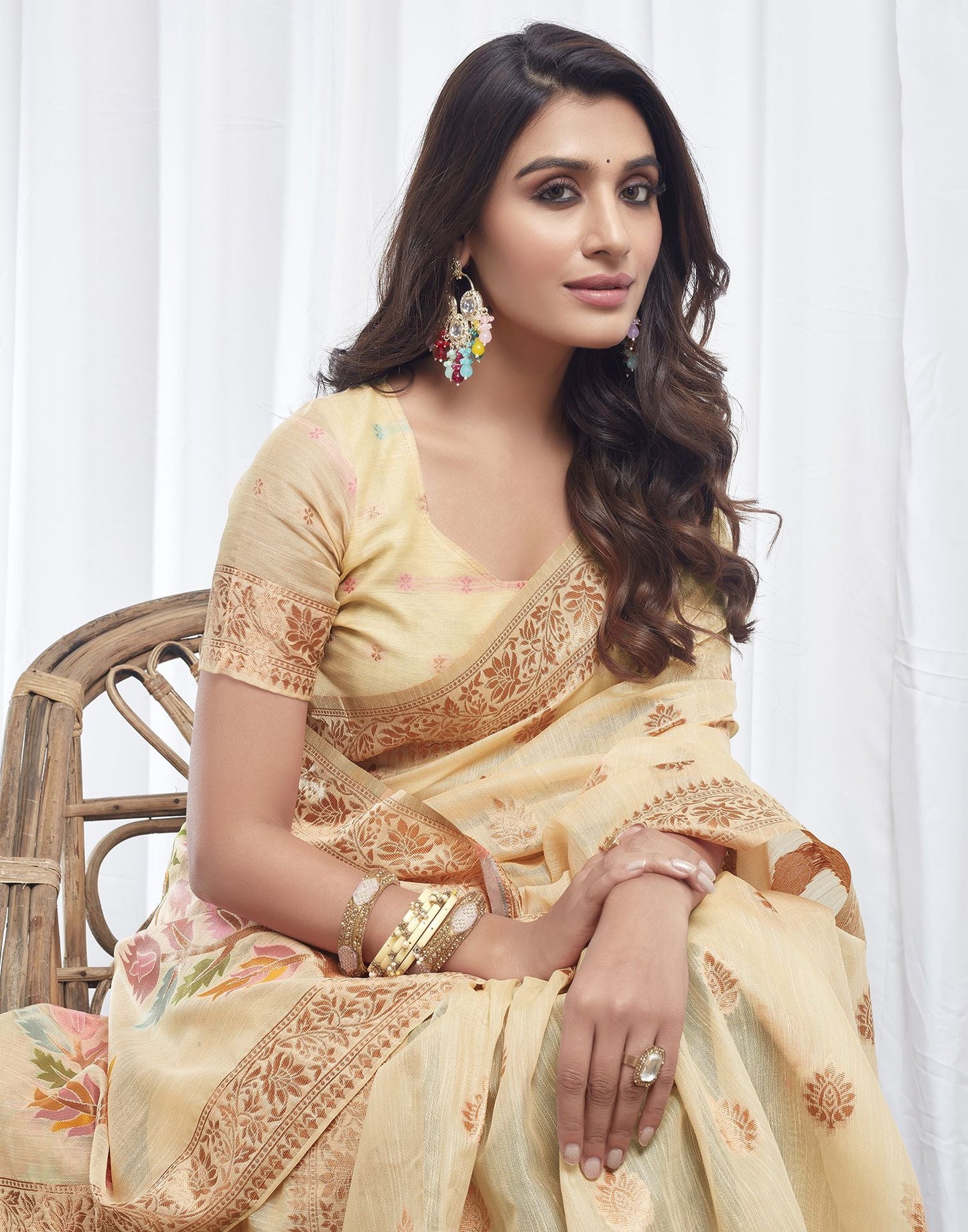 Beige Jacquard Linen Saree