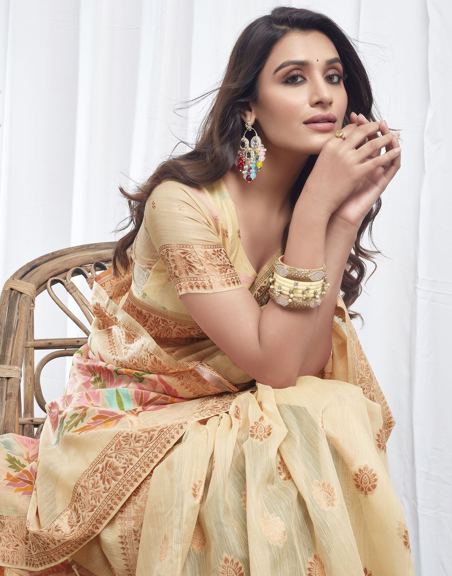 Beige Jacquard Linen Saree