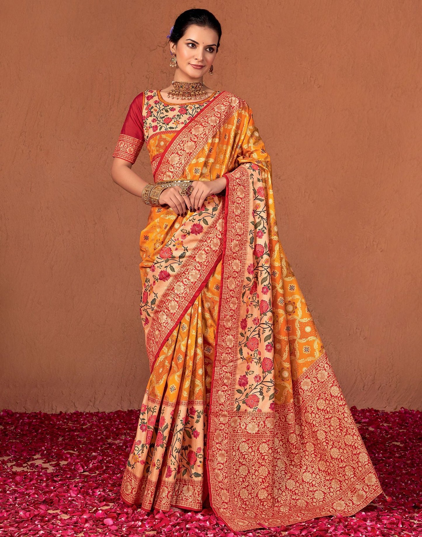 Yellow  & Multicoloured Printed Silk Saree
