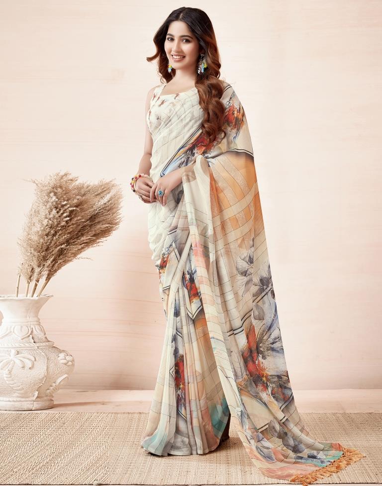 Beige & Multicoloured Georgette Printed Saree