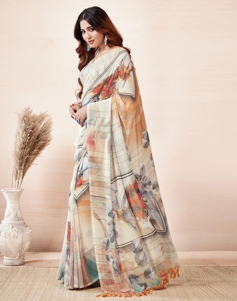 Beige & Multicoloured Georgette Printed Saree