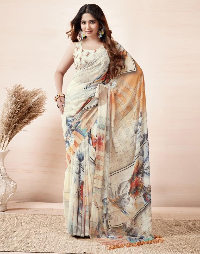 Beige & Multicoloured Georgette Printed Saree