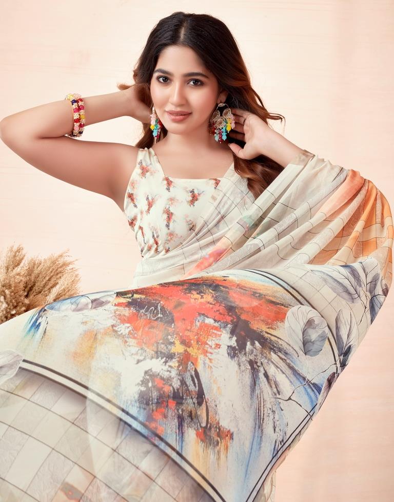 Beige & Multicoloured Georgette Printed Saree