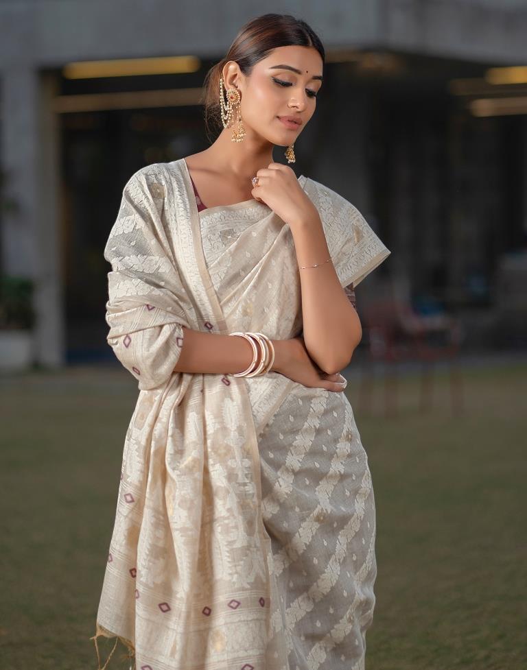 Beige Cotton Woven Saree