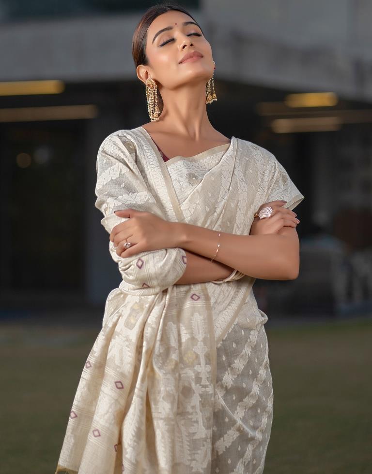 Beige Cotton Woven Saree