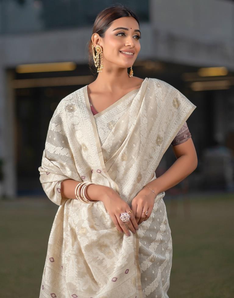Beige Cotton Woven Saree