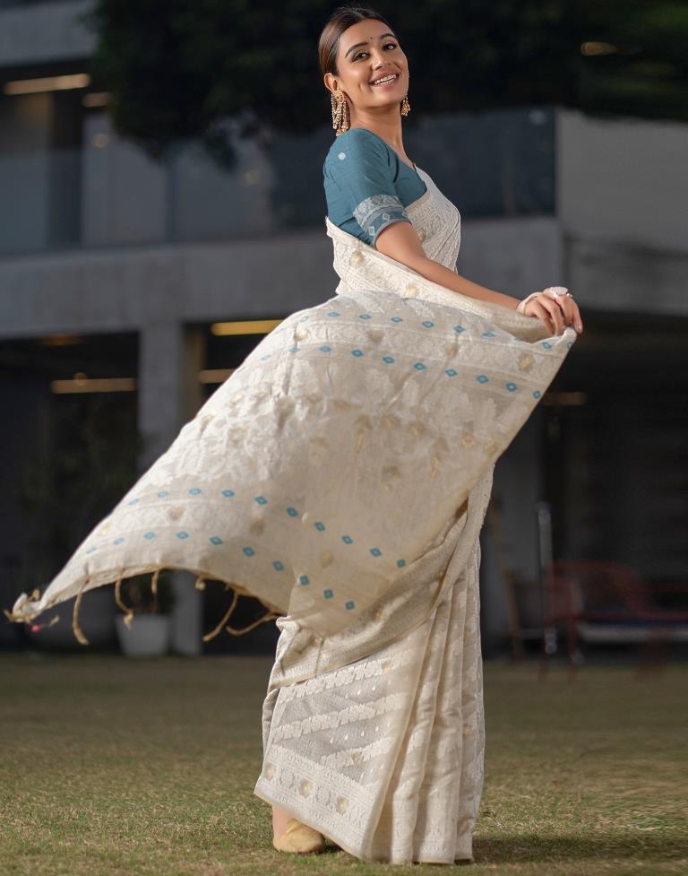 Beige Cotton Woven Saree