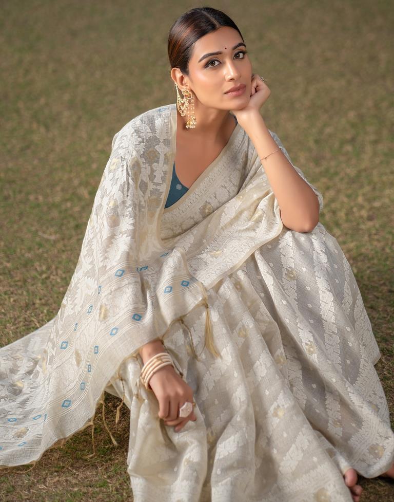 Beige Cotton Woven Saree