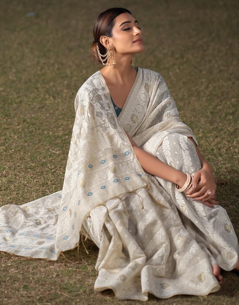 Beige Cotton Woven Saree