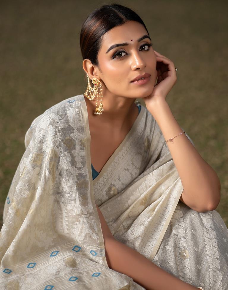 Beige Cotton Woven Saree