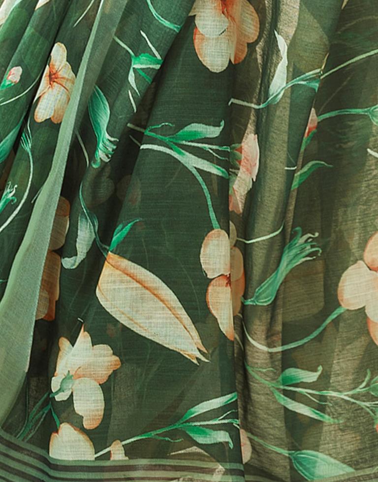 Dark Green Linen Printed Saree