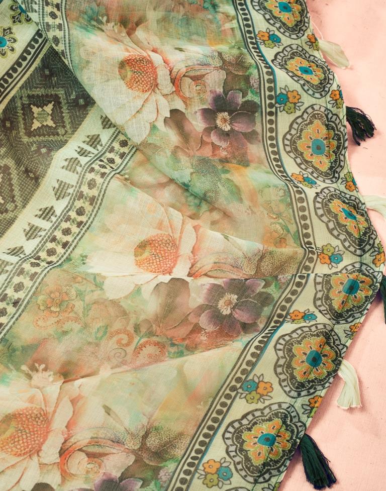 Dark Green Linen Printed Saree