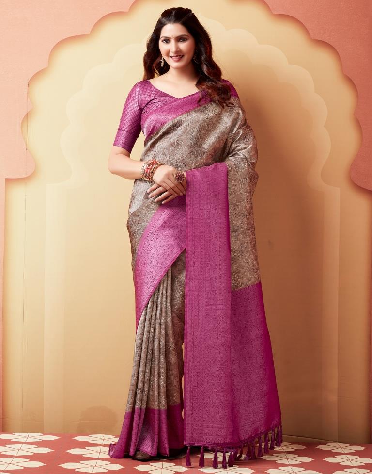 Beige & Pink Silk Printed Saree