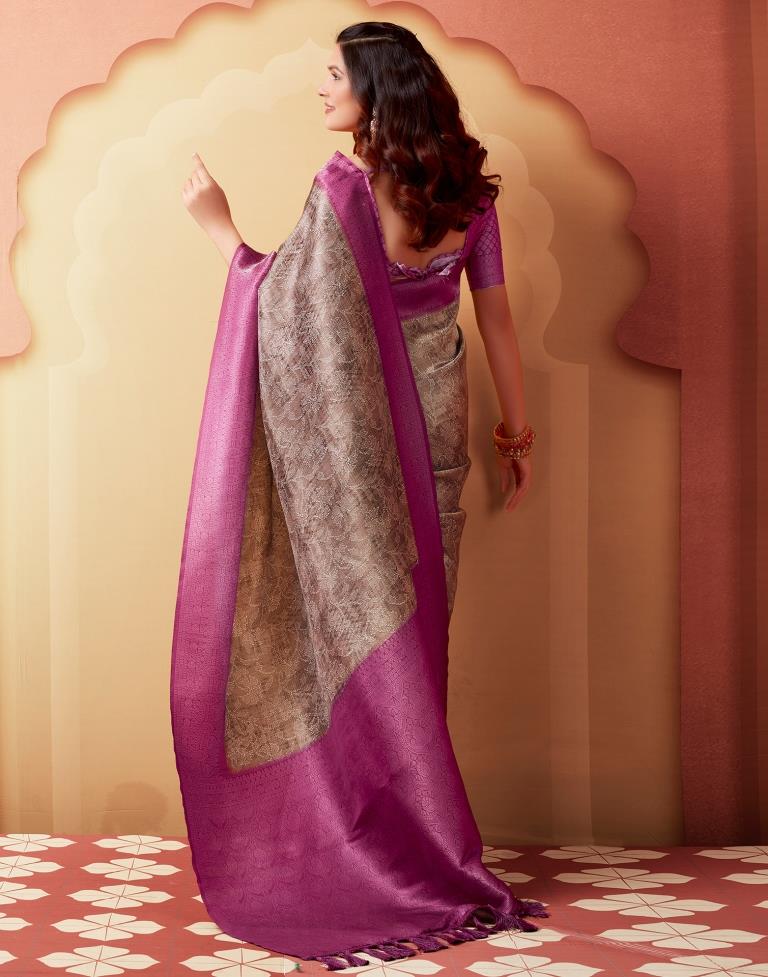 Beige & Pink Silk Printed Saree