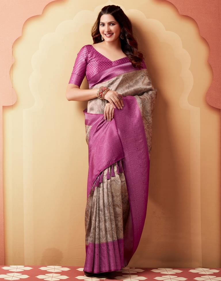 Beige & Pink Silk Printed Saree