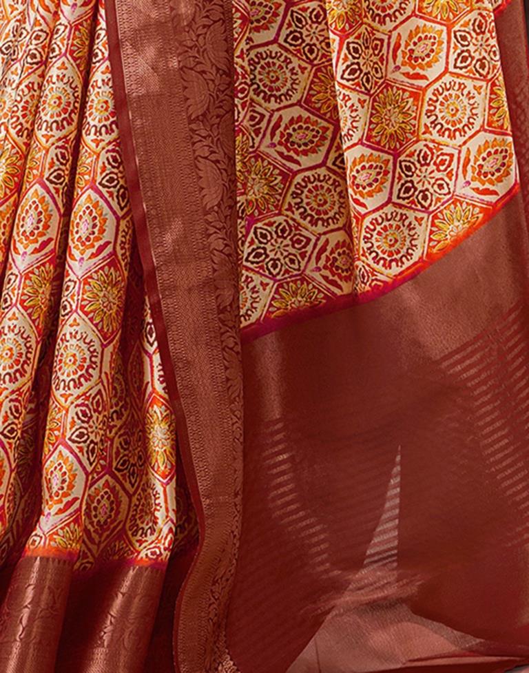 Brown & Multicoloured Silk Printed Saree