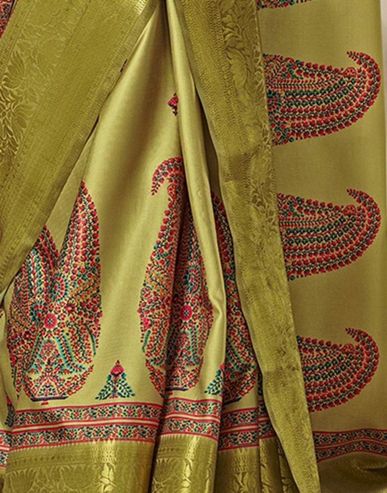 Olive Green Silk Printed Saree