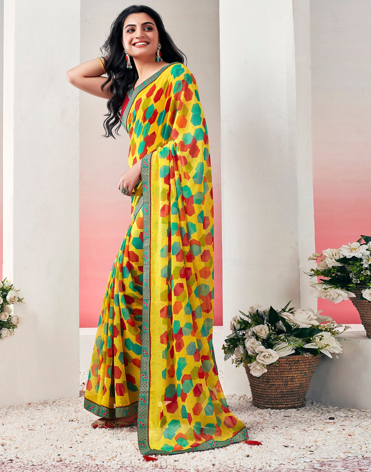 Yellow & Multicolored Chiffon Printed Saree
