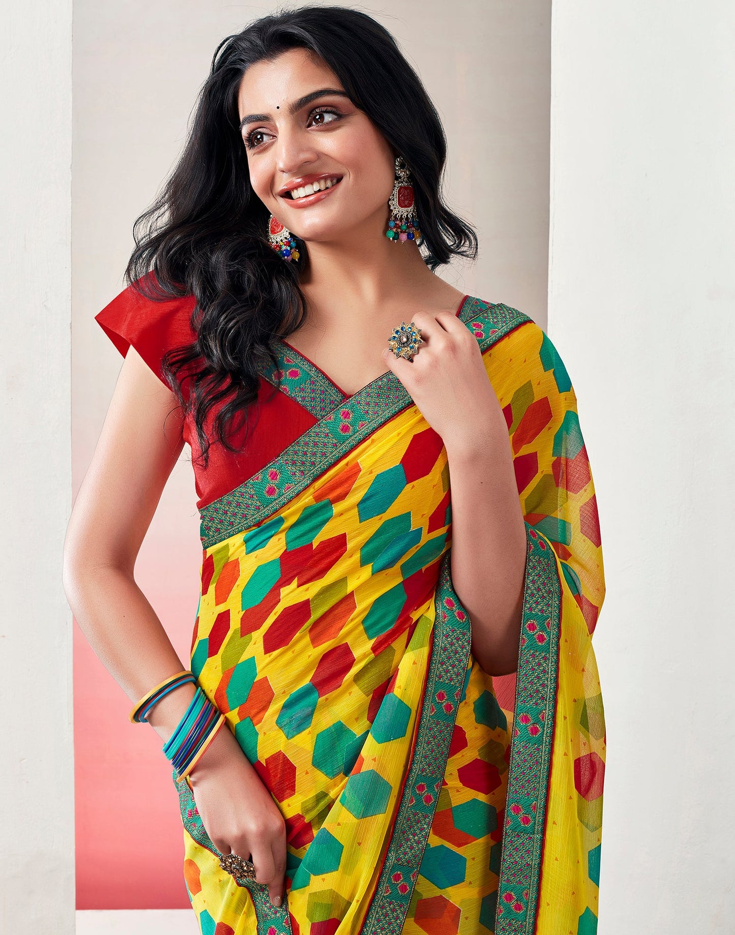 Yellow & Multicolored Chiffon Printed Saree