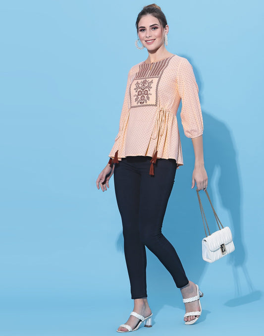 Pastel Peach Printed tie up Top | Leemboodi