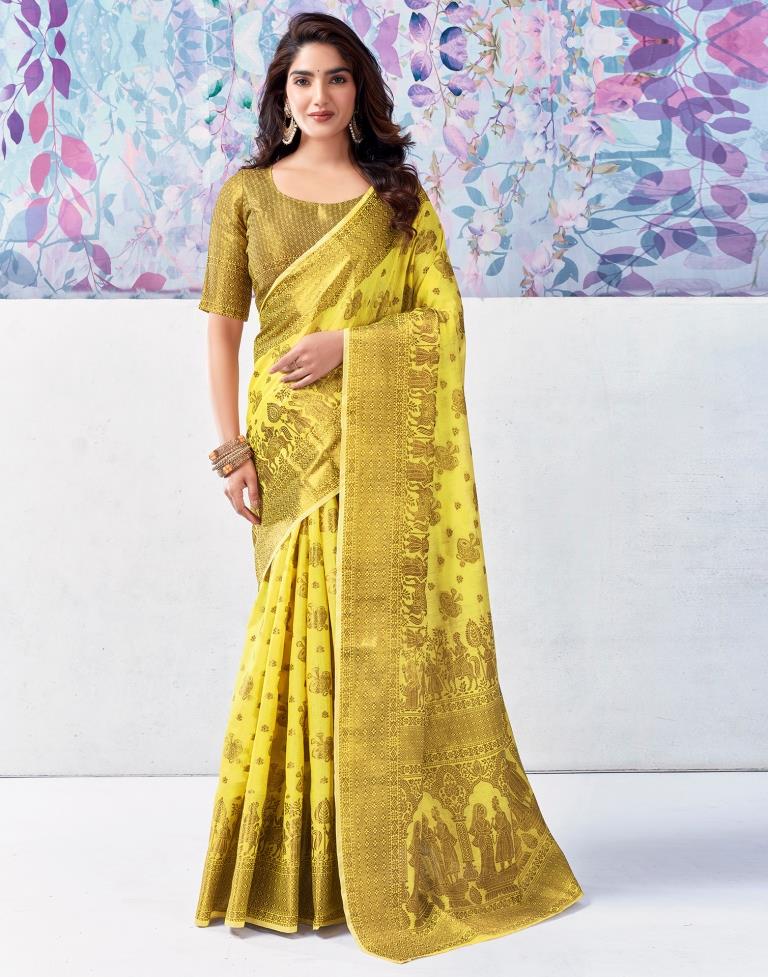 Yellow & Golden Silk Plain Saree