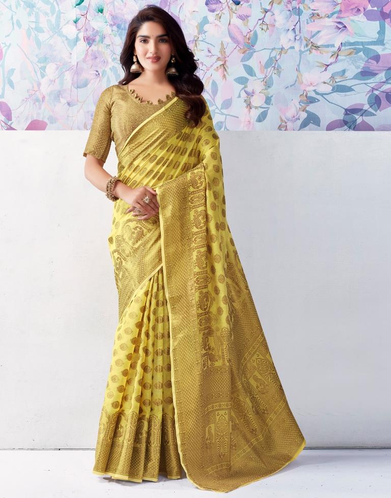 Yellow & Gold Printed Silk Plain Saree