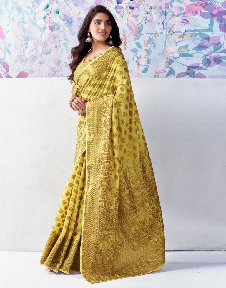 Yellow & Gold Printed Silk Plain Saree