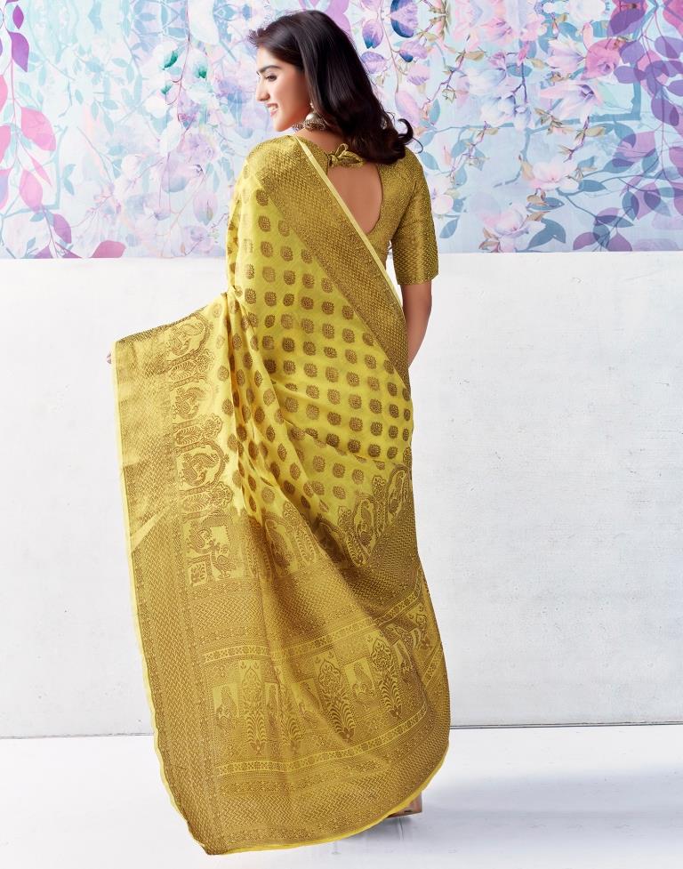 Yellow & Gold Printed Silk Plain Saree
