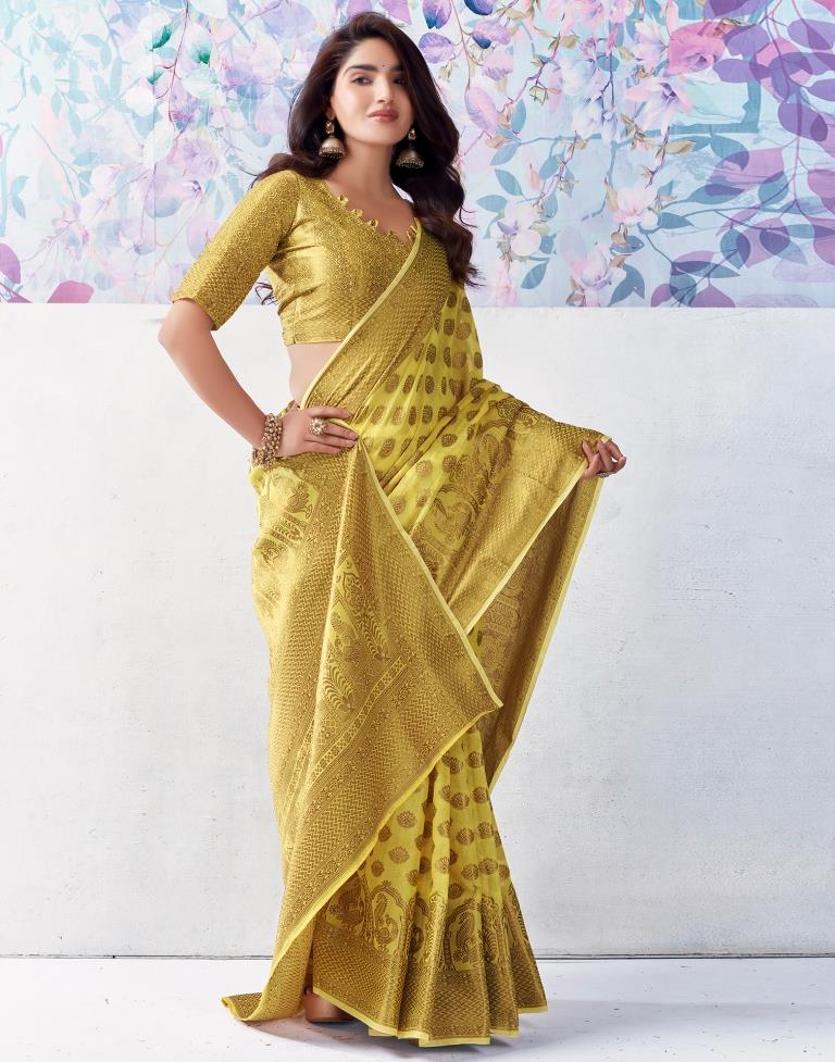 Yellow & Gold Printed Silk Plain Saree