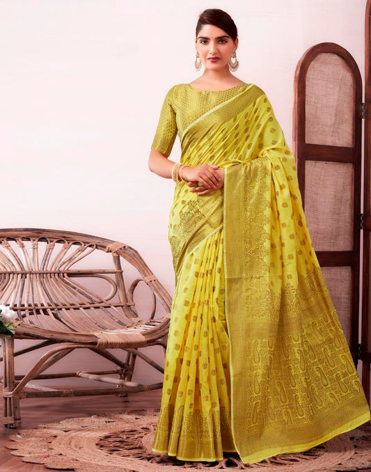 Yellow & Gold Printed Silk Plain Saree