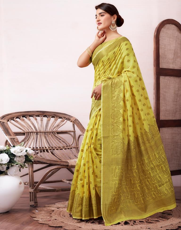 Yellow & Gold Printed Silk Plain Saree