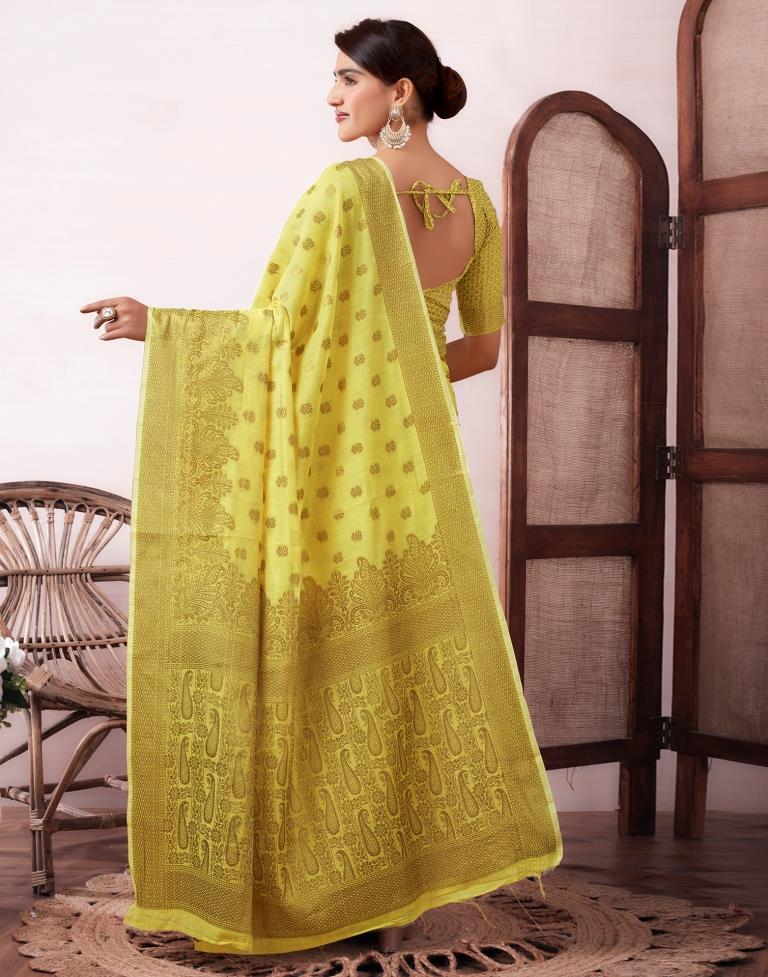 Yellow & Gold Printed Silk Plain Saree
