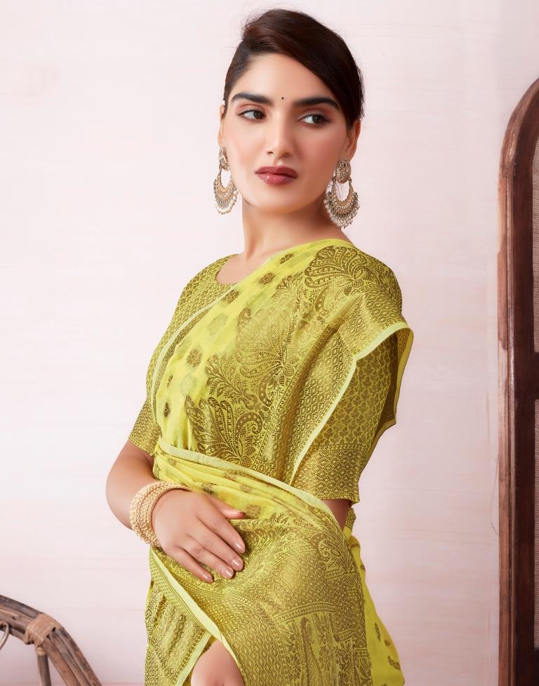 Yellow & Gold Printed Silk Plain Saree