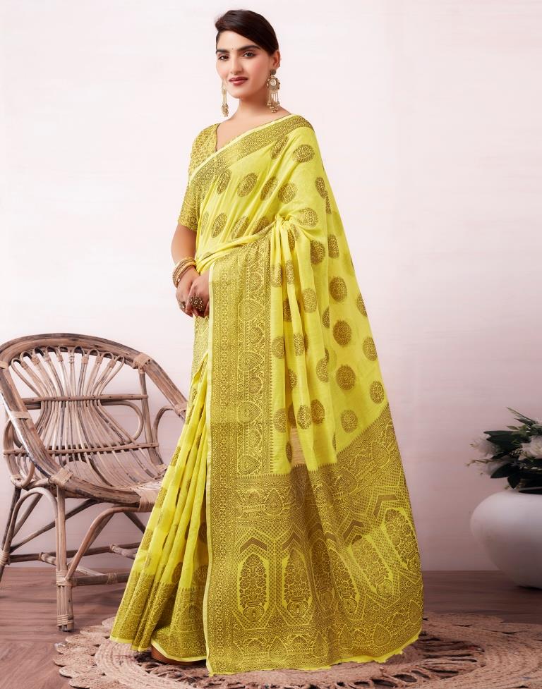 Yellow & Golden Silk Plain Saree