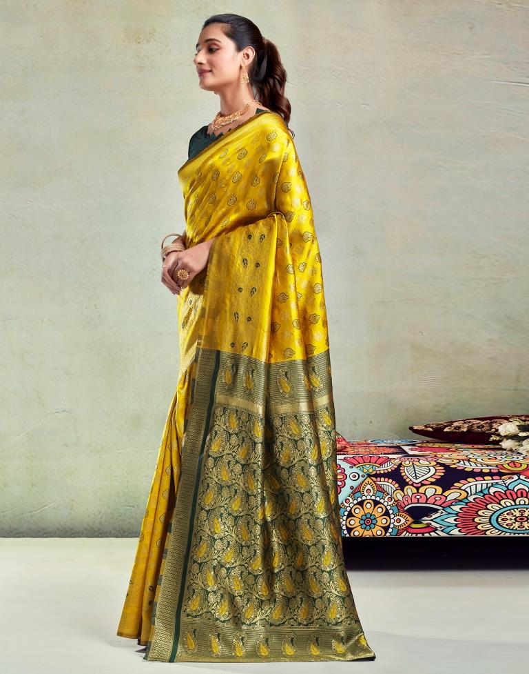 Yellow & Dark Green Silk Woven Saree