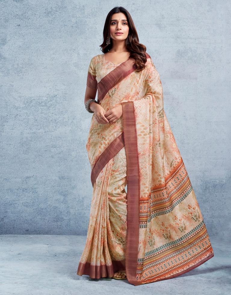 Beige & Multicoloured Silk Printed Saree