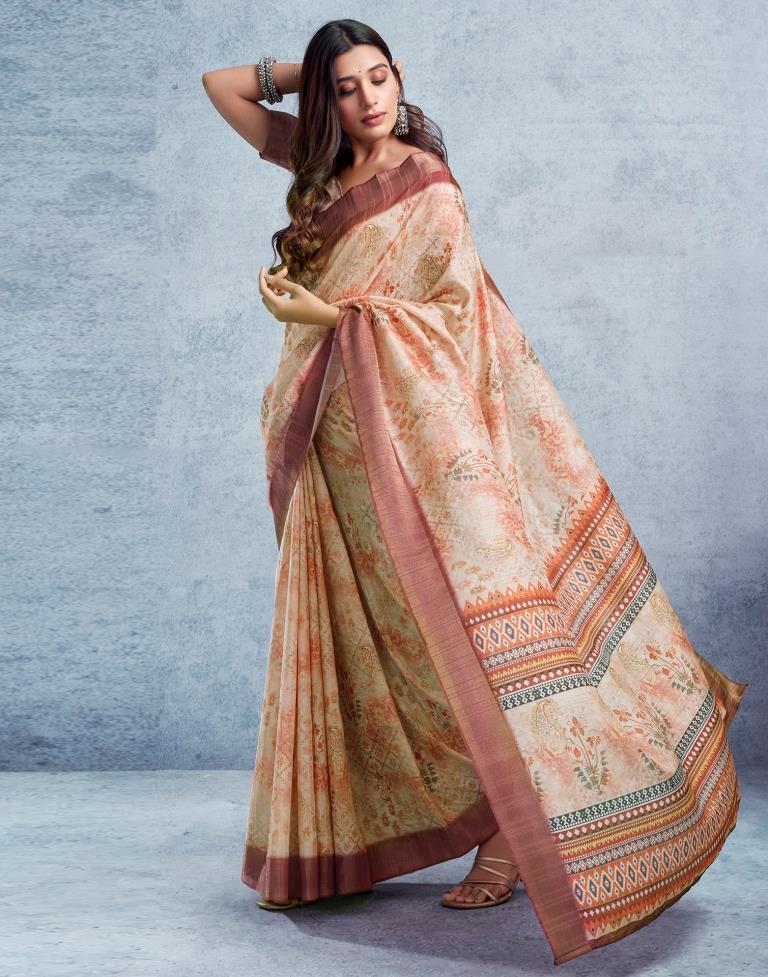 Beige & Multicoloured Silk Printed Saree