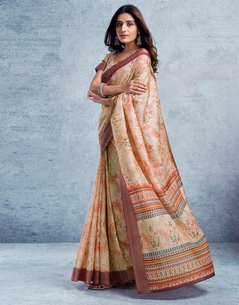 Beige & Multicoloured Silk Printed Saree