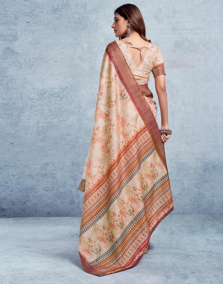 Beige & Multicoloured Silk Printed Saree