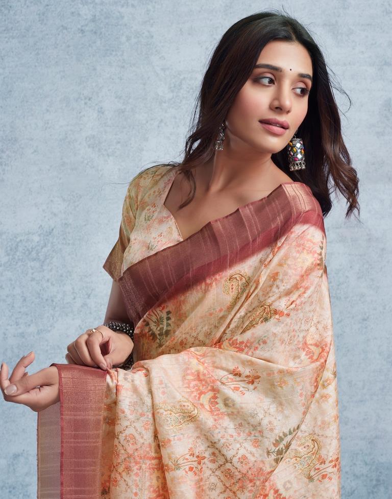 Beige & Multicoloured Silk Printed Saree