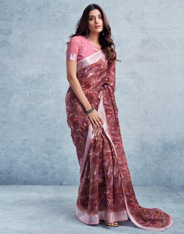 Wine Linen Printed Saree