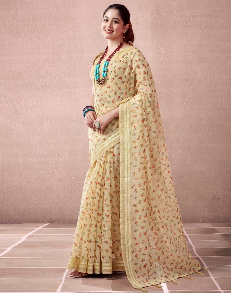 Beige Cotton Printed Saree