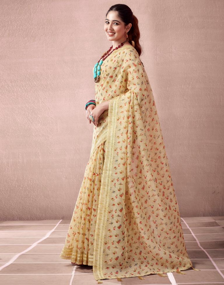 Beige Cotton Printed Saree